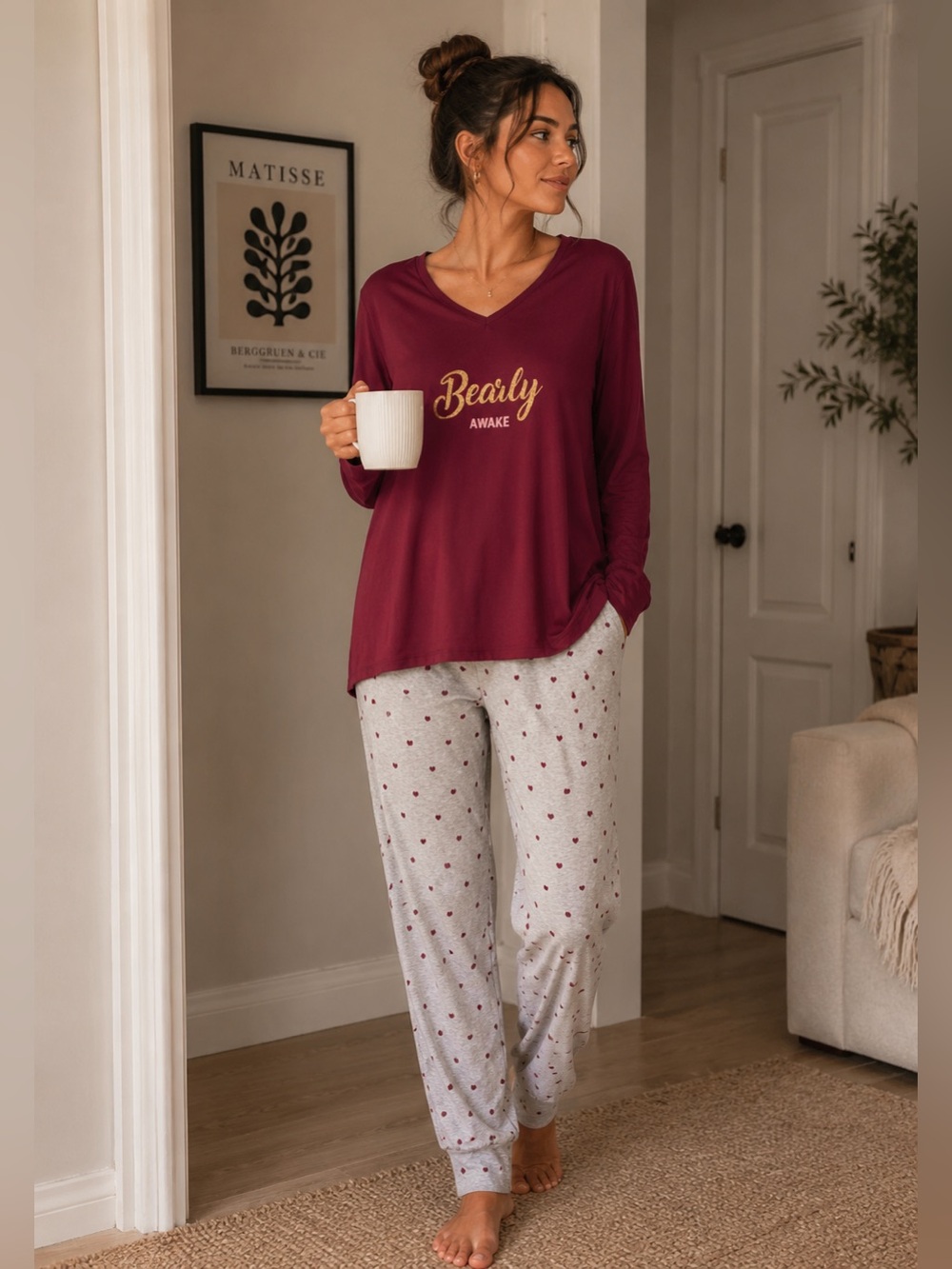Women's Burgundy Long-Sleeve Pajama Top & Light Gray Heart-Print Pants Set